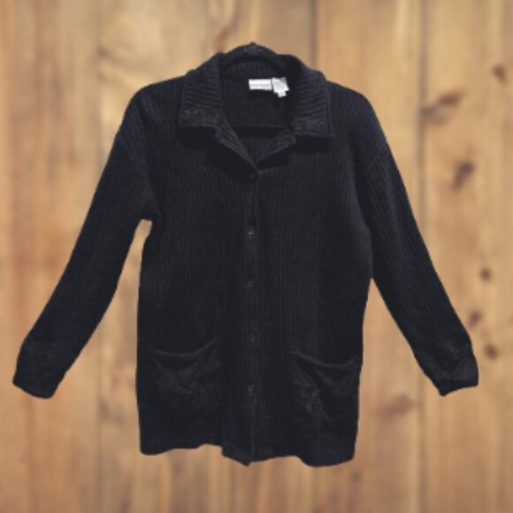 Newport News Easy Style Black Ribbed Lacey Embroidered Sweater - M - Picture 1 of 9